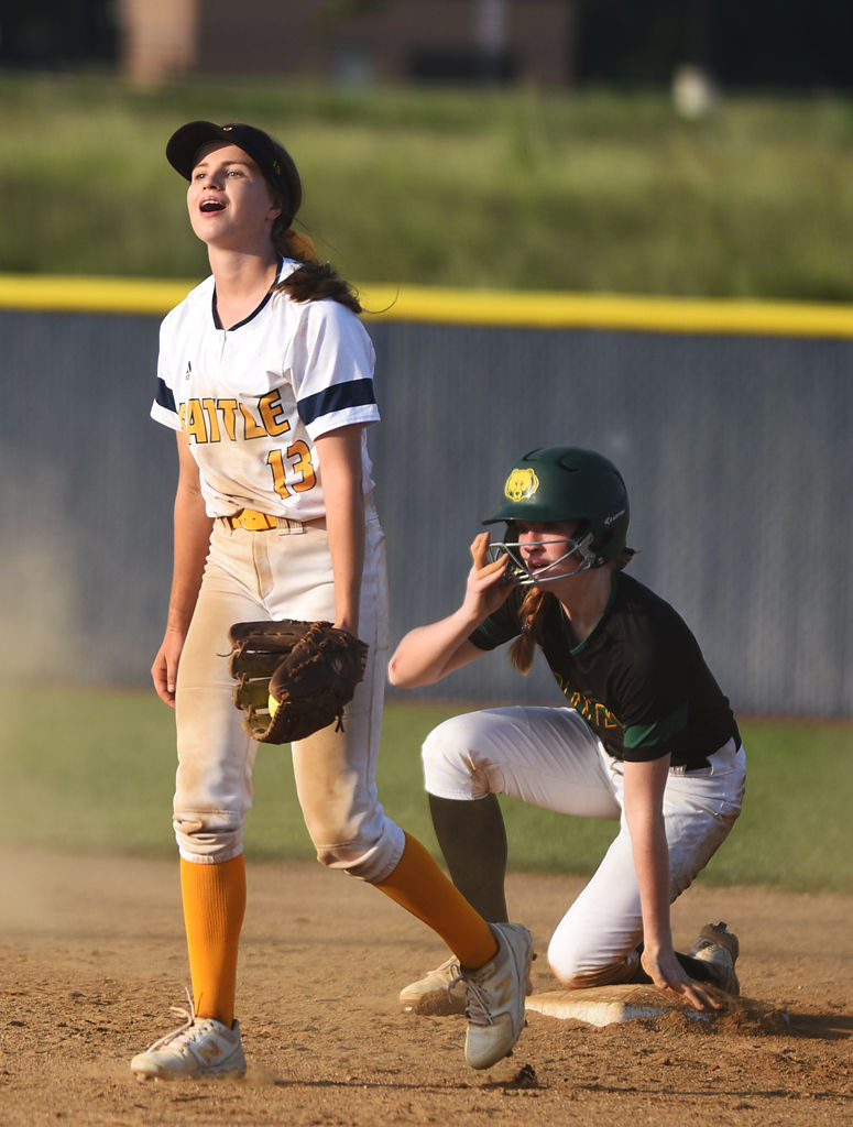 Eliyah McCarthy reacts after Ellie Clay makes it safely to second base